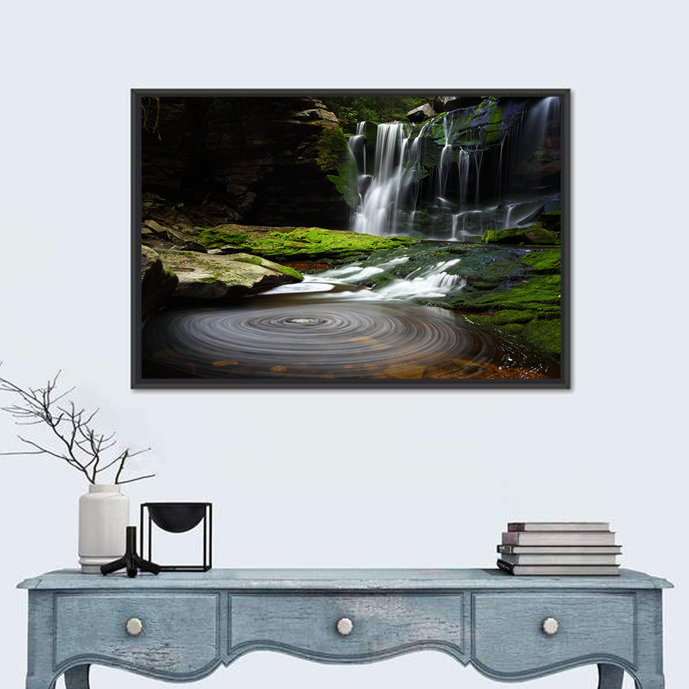 Forest Waterfall with Swirling Pond Wall Art in a room, landscape