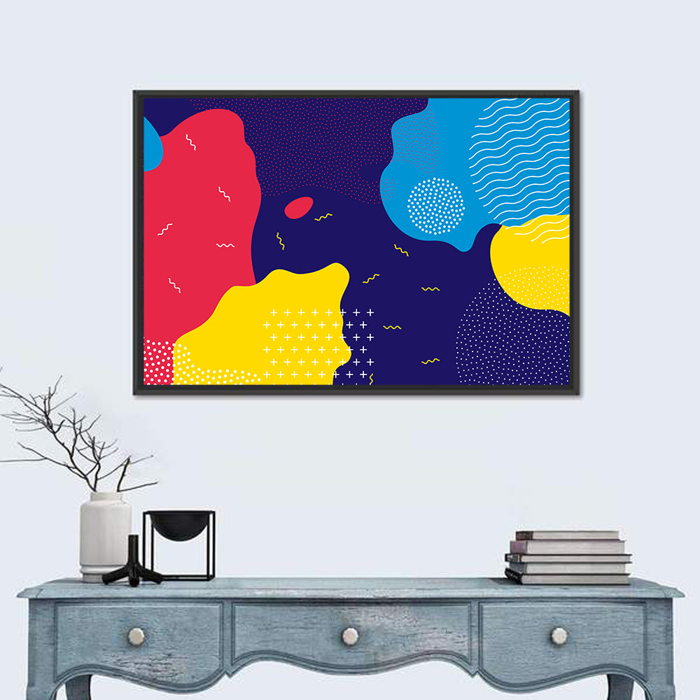 Memphis Dots and Color Blocks Wall Art in a room, landscape