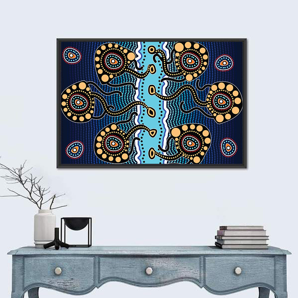 Blue Jellyfish Dot Pattern Wall Art in a room, landscape