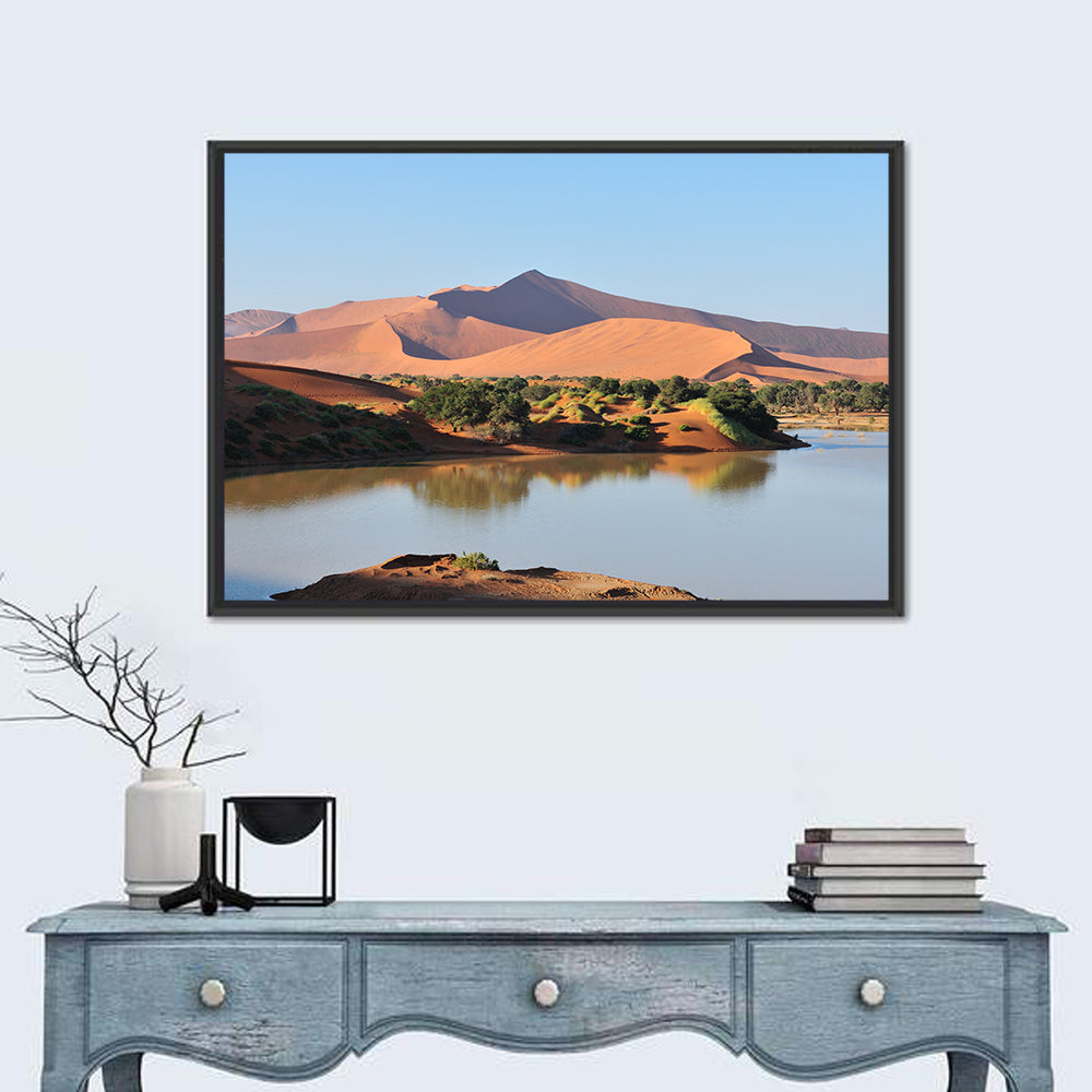 Flooded Sossusvlei Reflection Wall Art in a room, landscape