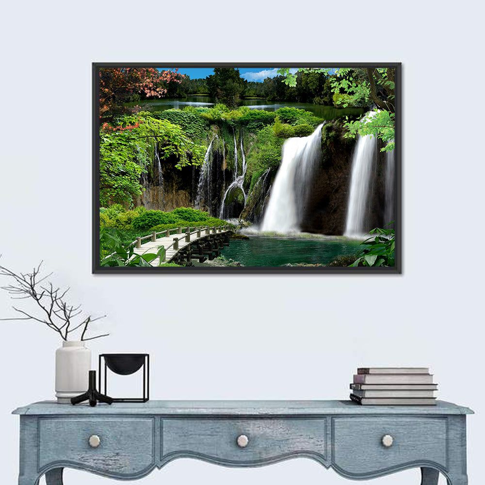 Wooden Bridge and Forest Waterfall Wall Art in a room, landscape