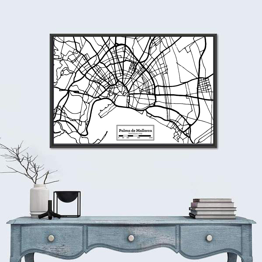 Minimalist Palma De Mallorca Map Wall Art in a room, landscape
