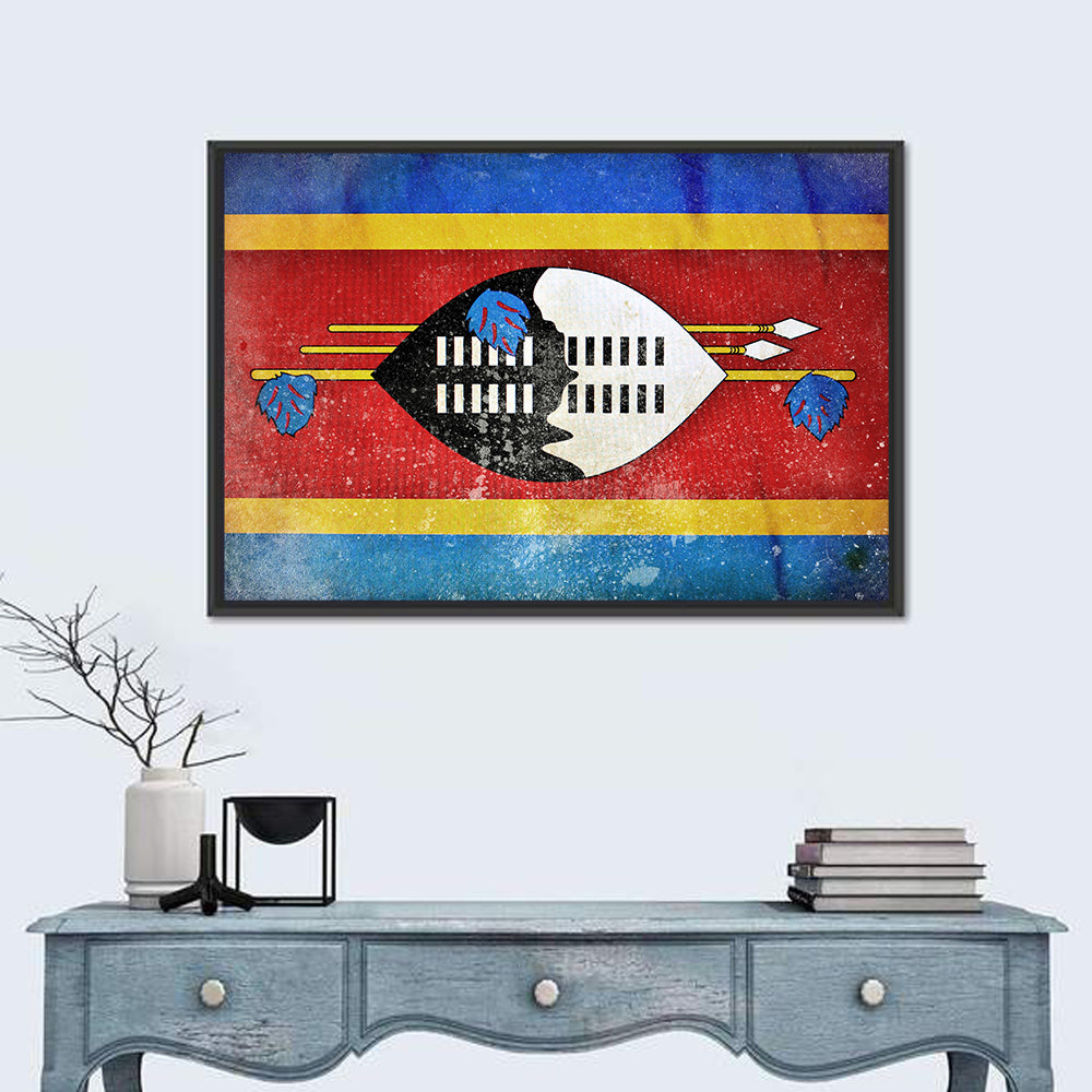 Eswatini Flag with Shield Emblem Wall Art in a room, landscape