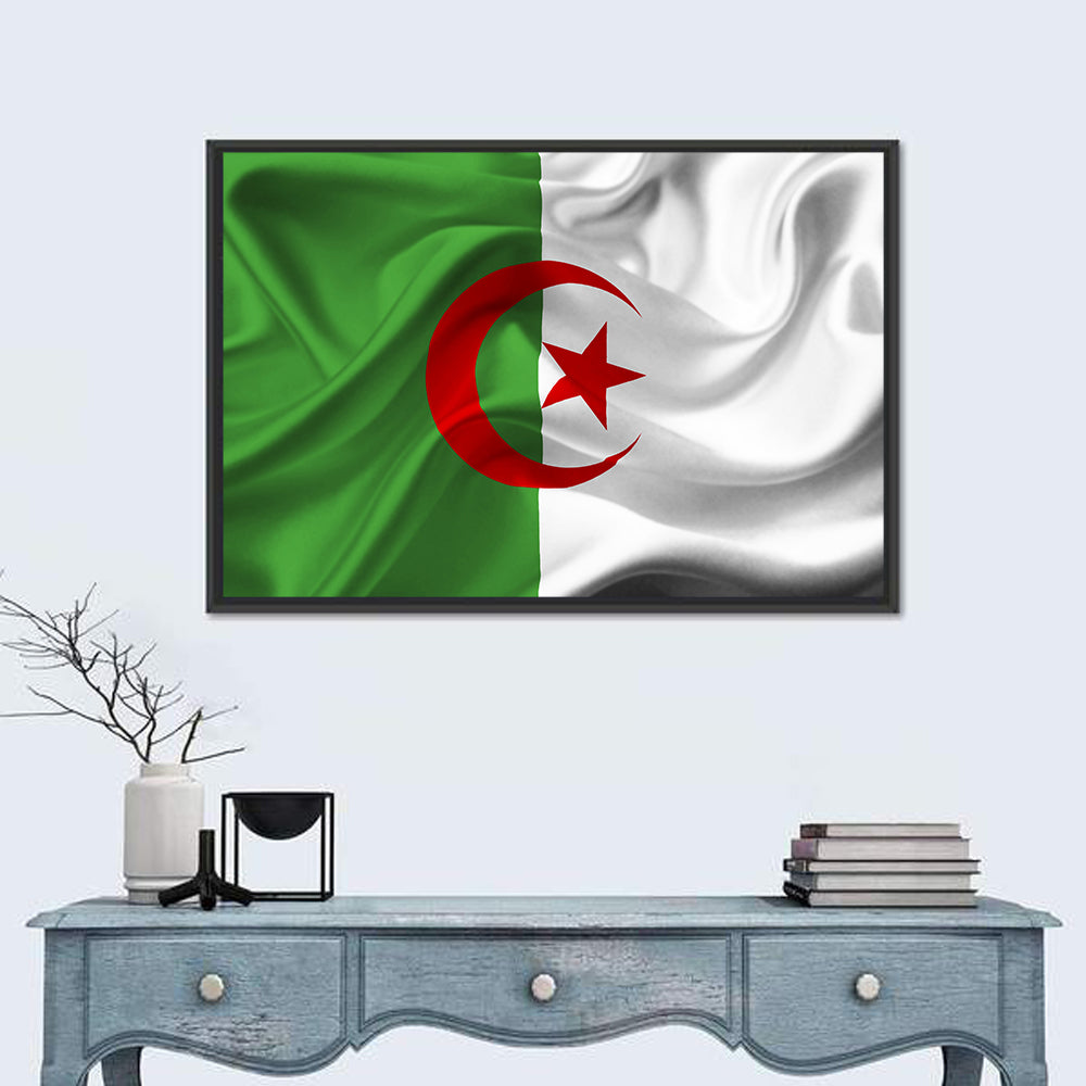 Waving Algerian Flag with Crescent and Star Wall Art in a room, landscape