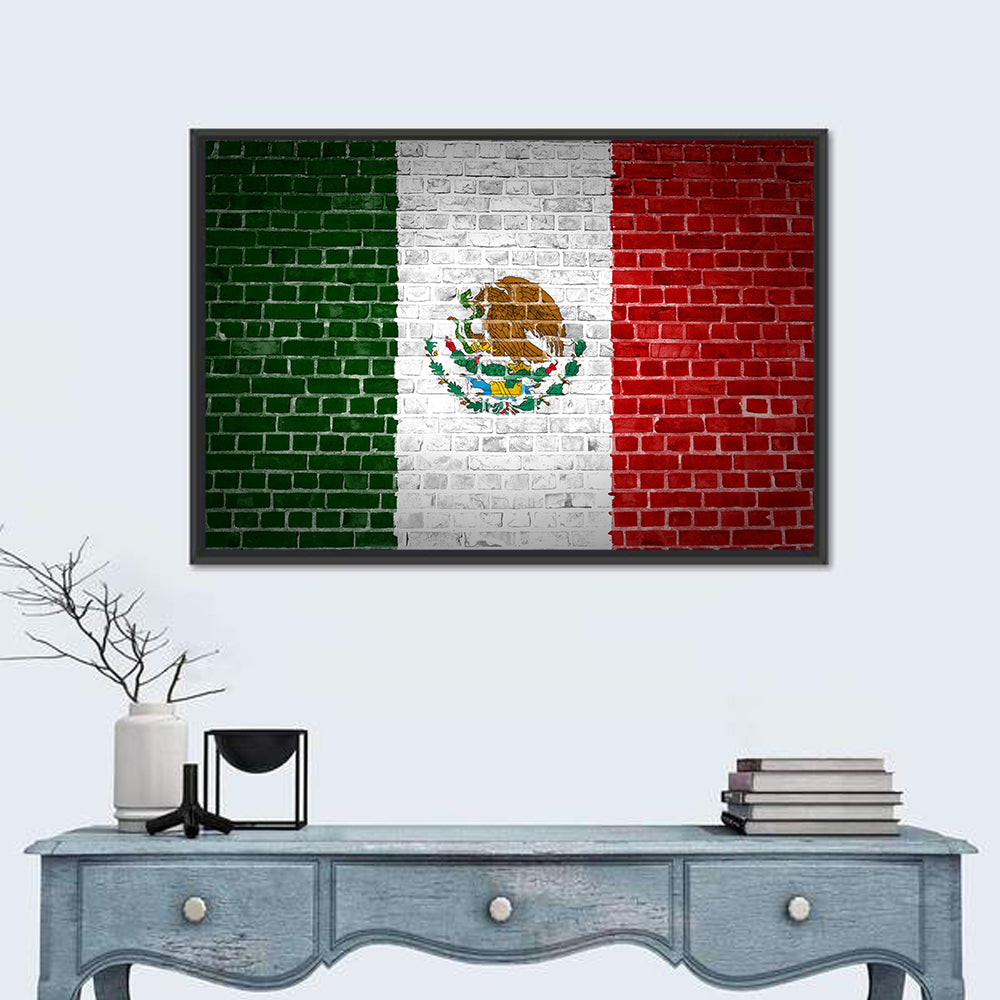 Weathered Mexico Flag with Coat of Arms Wall Art in a room, landscape