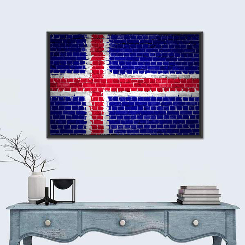 Iceland Flag on Brick Wall Art in a room, landscape