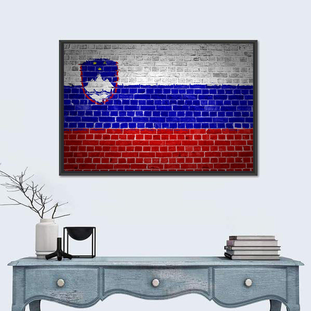 Slovenia Flag on Weathered Brick Wall Art in a room, landscape