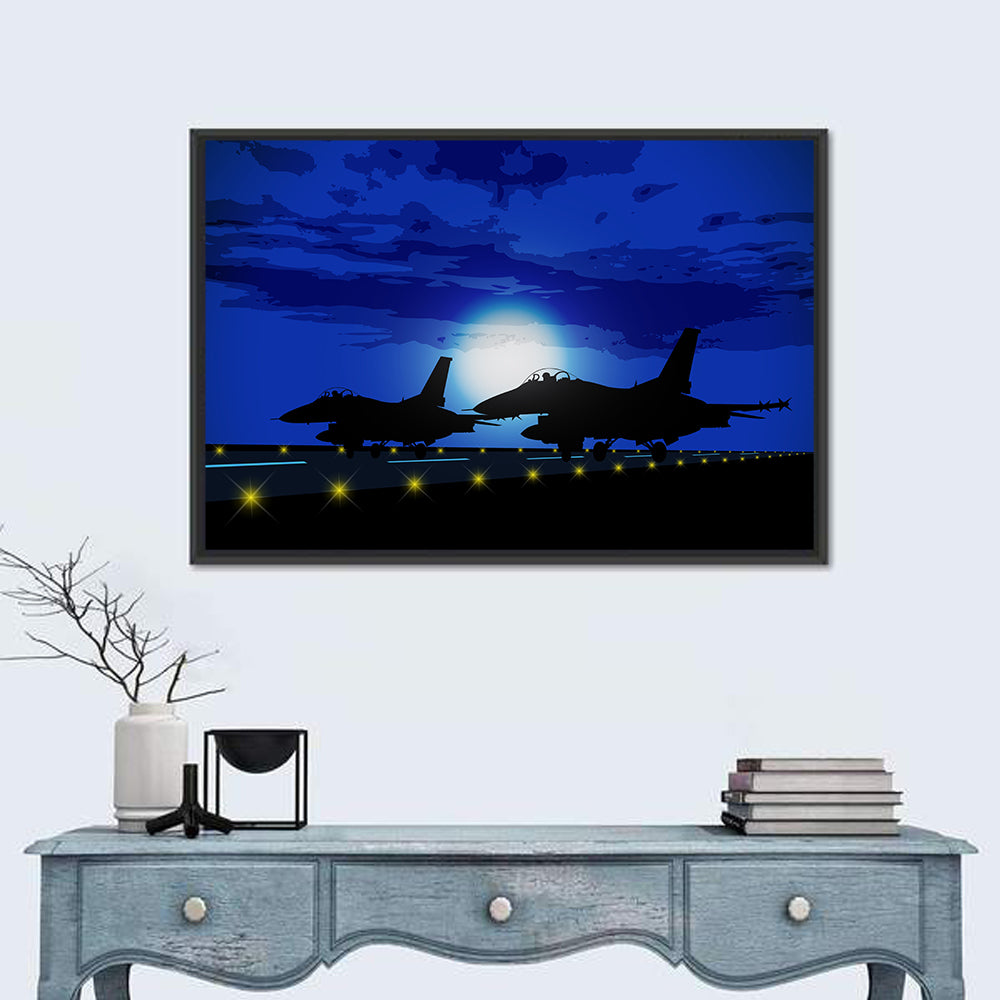 Moonlit Fighter Jets on Runway Wall Art