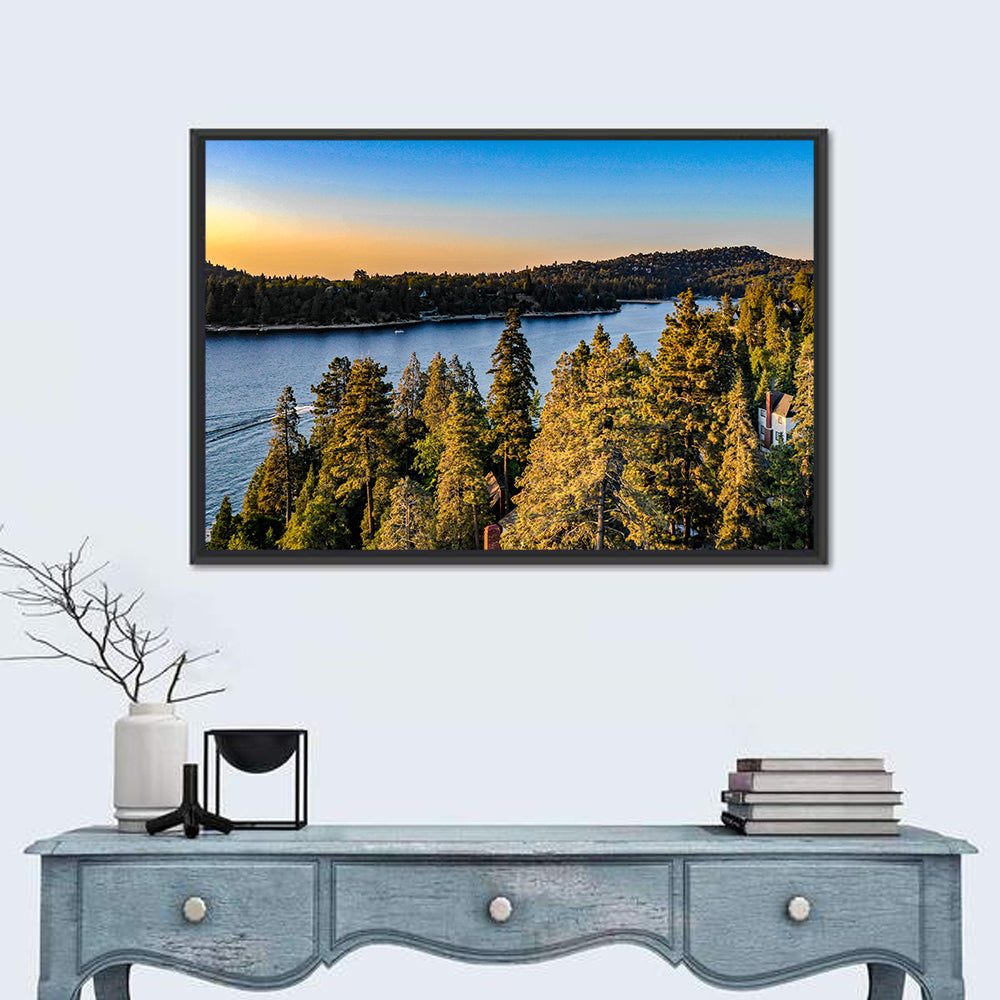 Lake Arrowhead Sunset Over Pines Wall Art in a room, landscape
