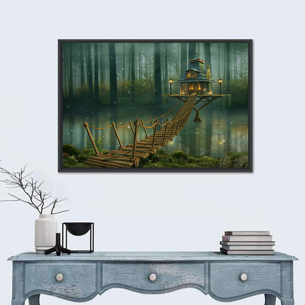 Rope Bridge to Misty Fairy House Wall Art in a room, landscape