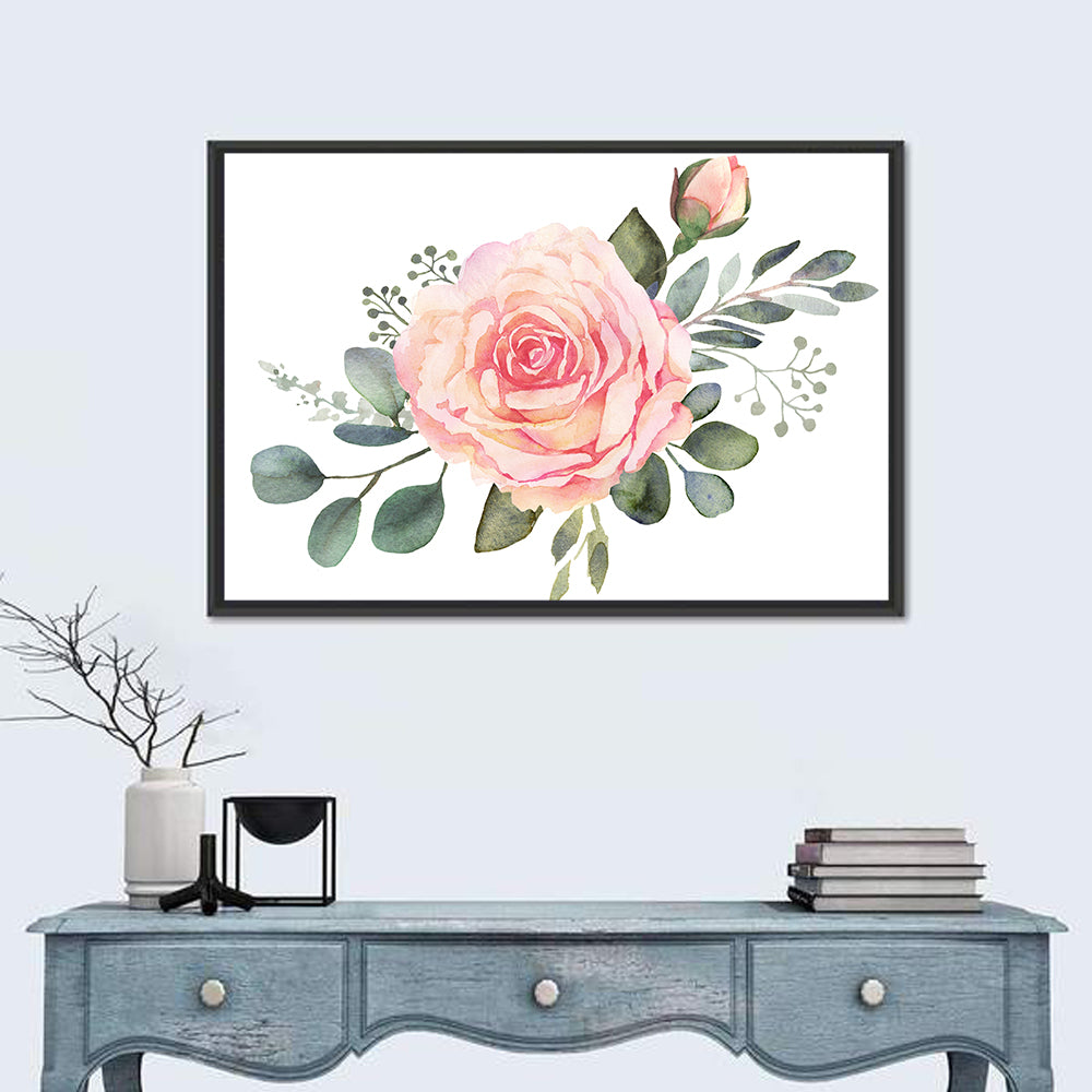 Pink Rose and Eucalyptus Bouquet Wall Art in a room, landscape
