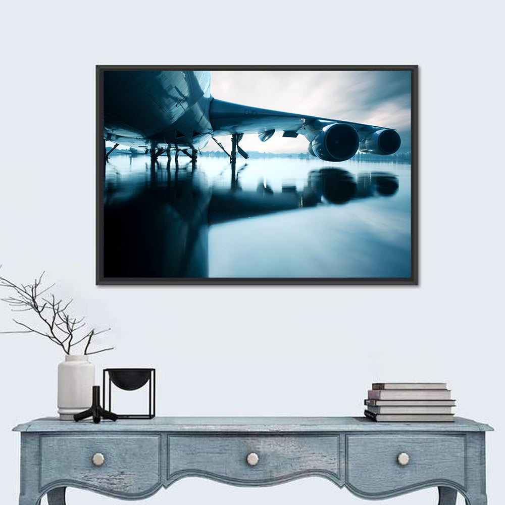Aircraft Over Reflective Water Wall Art in a room, landscape