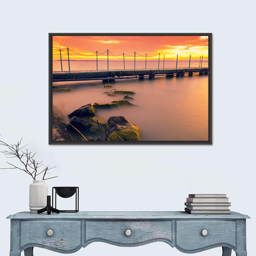 Lake Balaton Sunset Pier Wall Art in a room, landscape