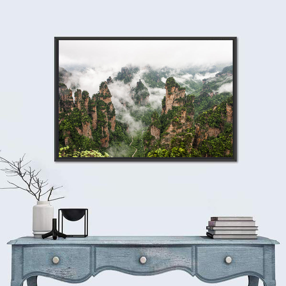 Foggy Zhangjiajie Peaks Wall Art in a room, landscape
