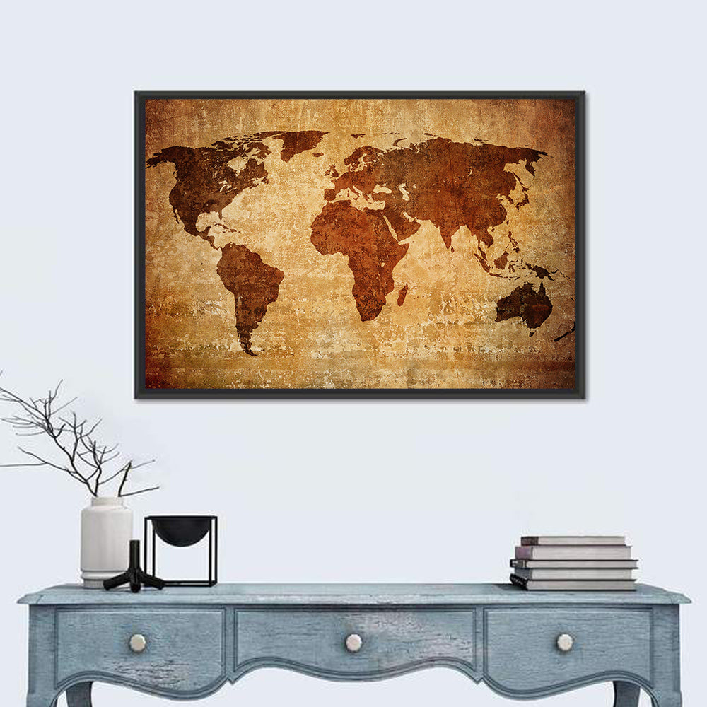 Grunge World Map Wall Art in a room, landscape