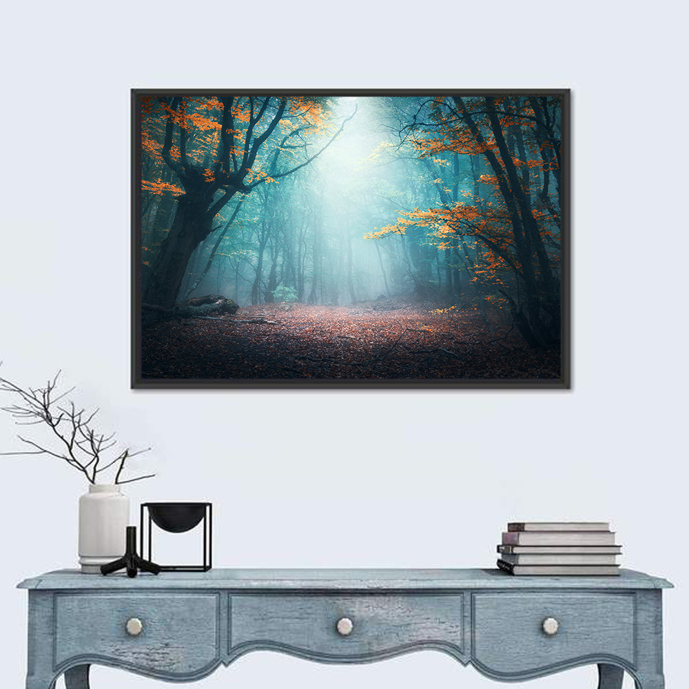 Misty Forest Path with Glowing Light Wall Art