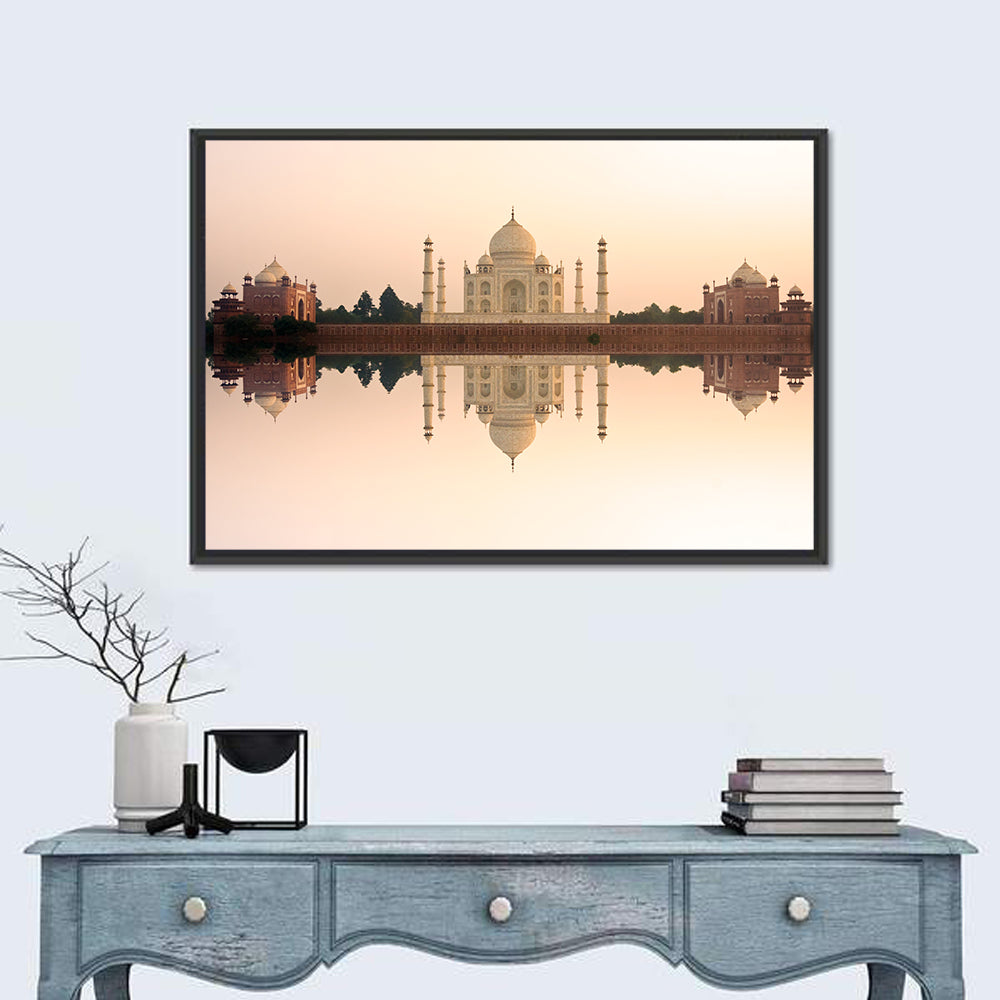 Taj Mahal Sunset Reflection Wall Art in a room, landscape
