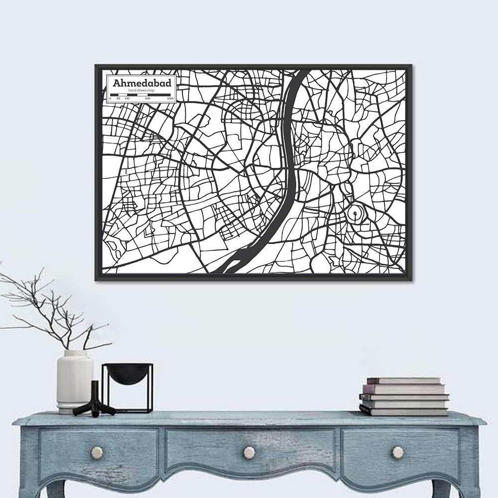 Ahmedabad City Map Wall Art in a room, landscape