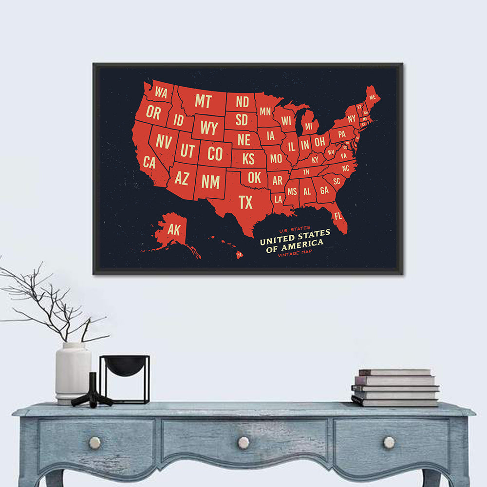 Vintage United States Map Wall Art in a room, landscape