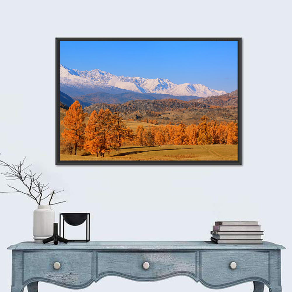 Altay Mountains with Golden Larches Wall Art in a room, landscape