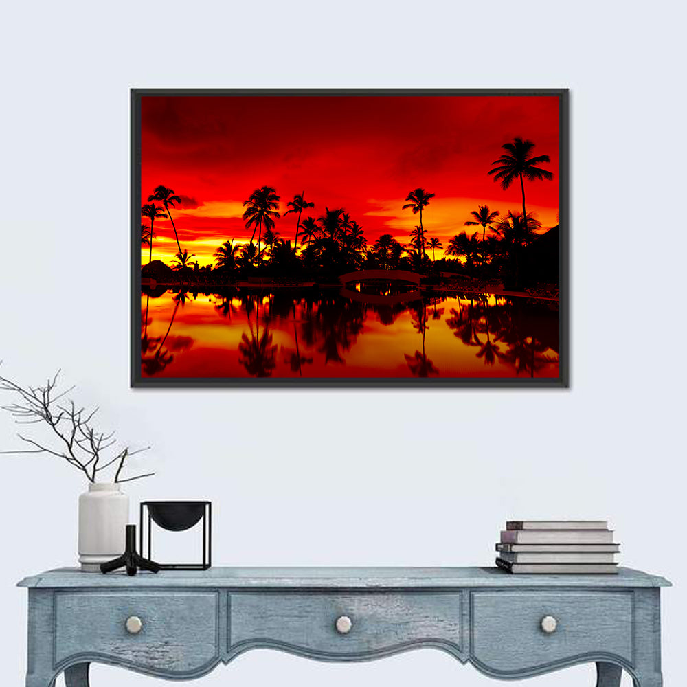 Sunset Over Sea with Palm Silhouettes Wall Art in a room, landscape