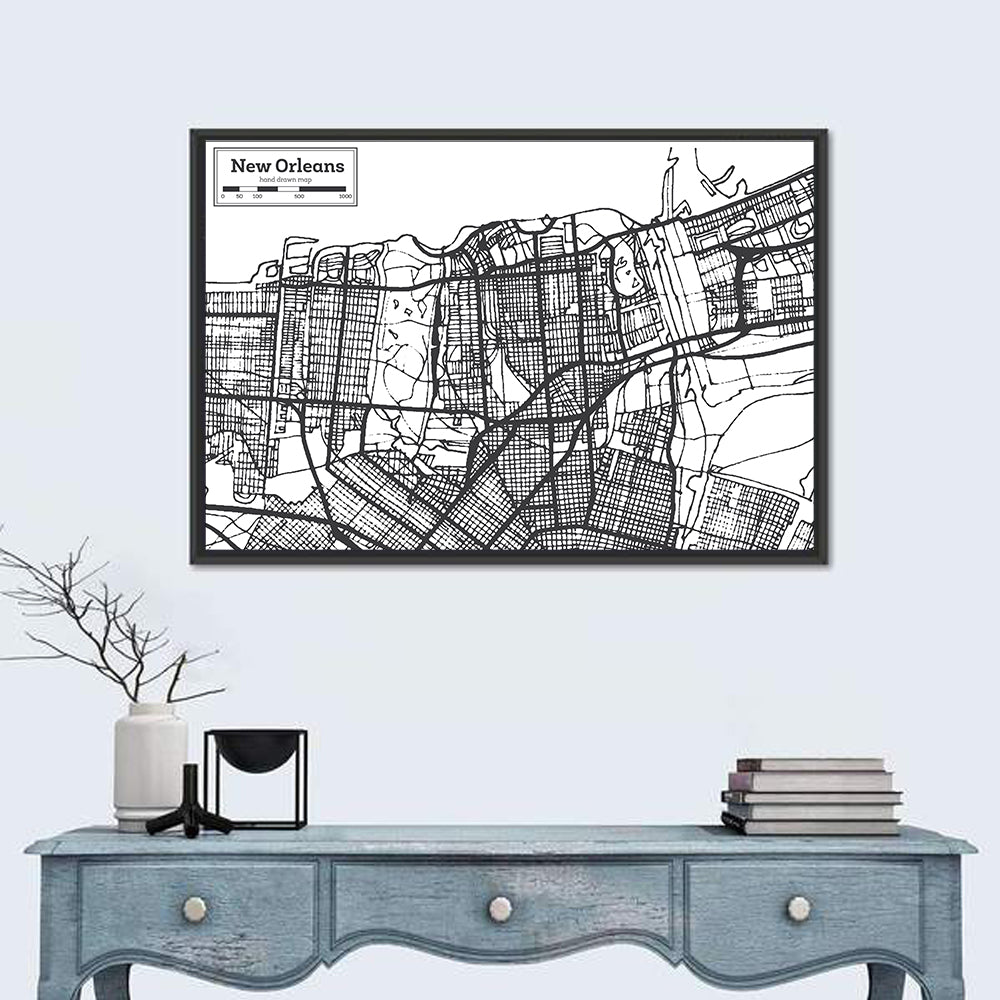 New Orleans Hand-drawn Map Wall Art in a room, landscape