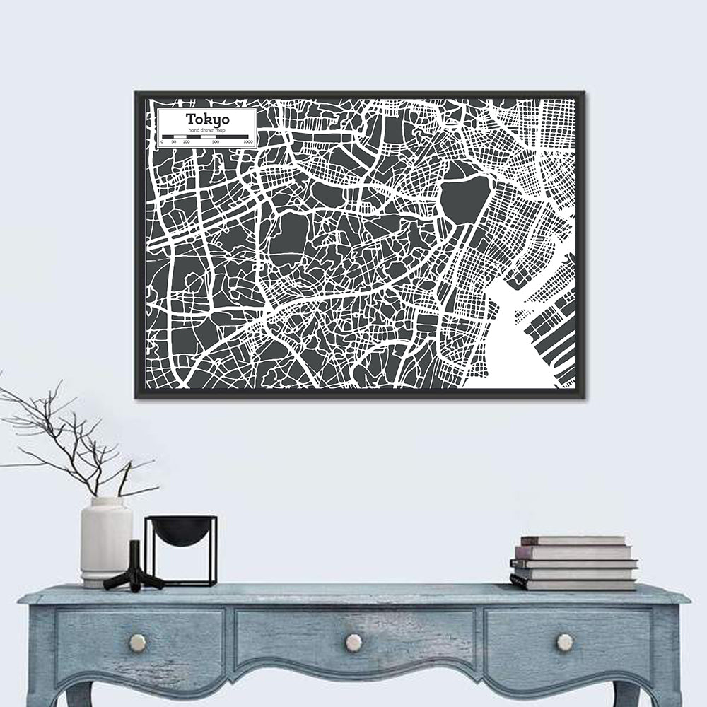 Tokyo City Map Wall Art in a room, landscape