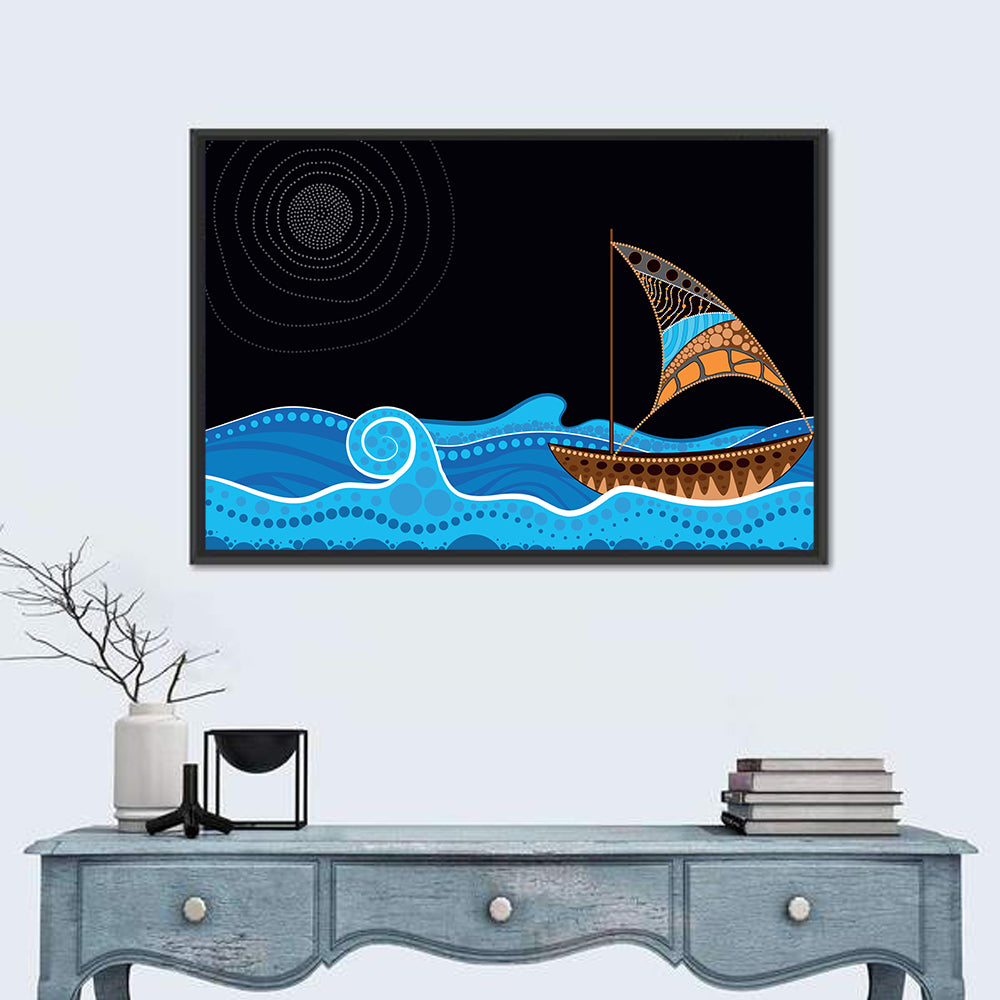 Moonlit Dotted Sailboat Illustration Wall Art in a room, landscape