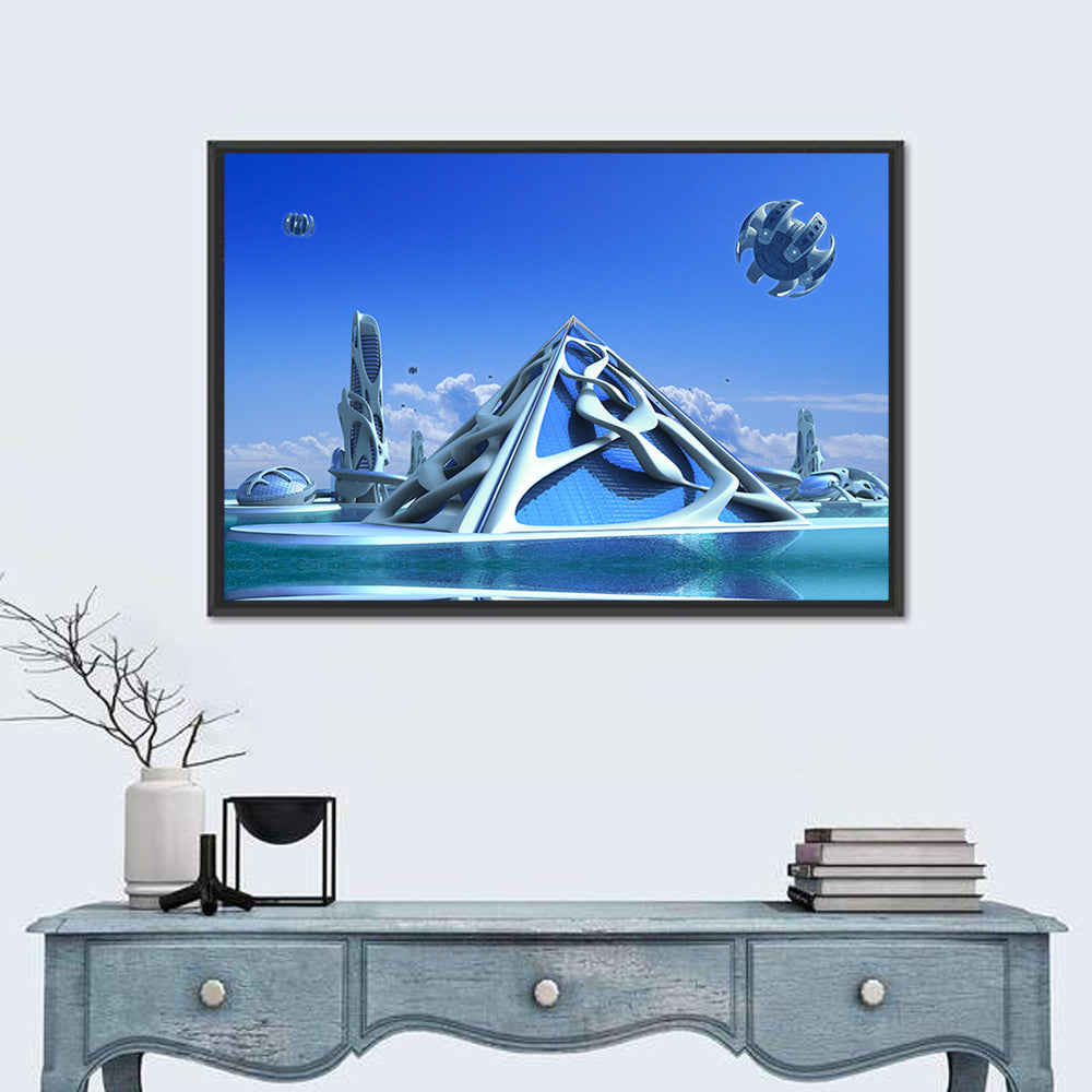 Futuristic Glass Pyramid City Wall Art in a room, landscape
