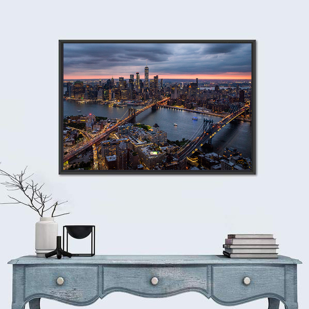 Twilight Over Brooklyn and Manhattan Bridges Wall Art in a room, landscape