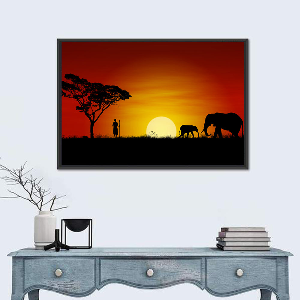 Massai Warrior and Elephants at Sunset Wall Art in a room, landscape