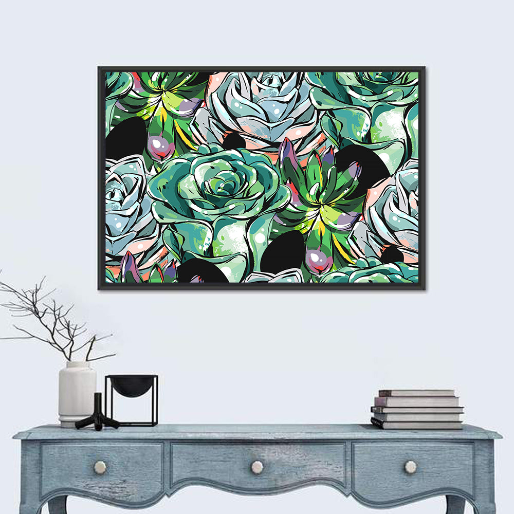 Turquoise Succulent Collage Wall Art in a room, landscape