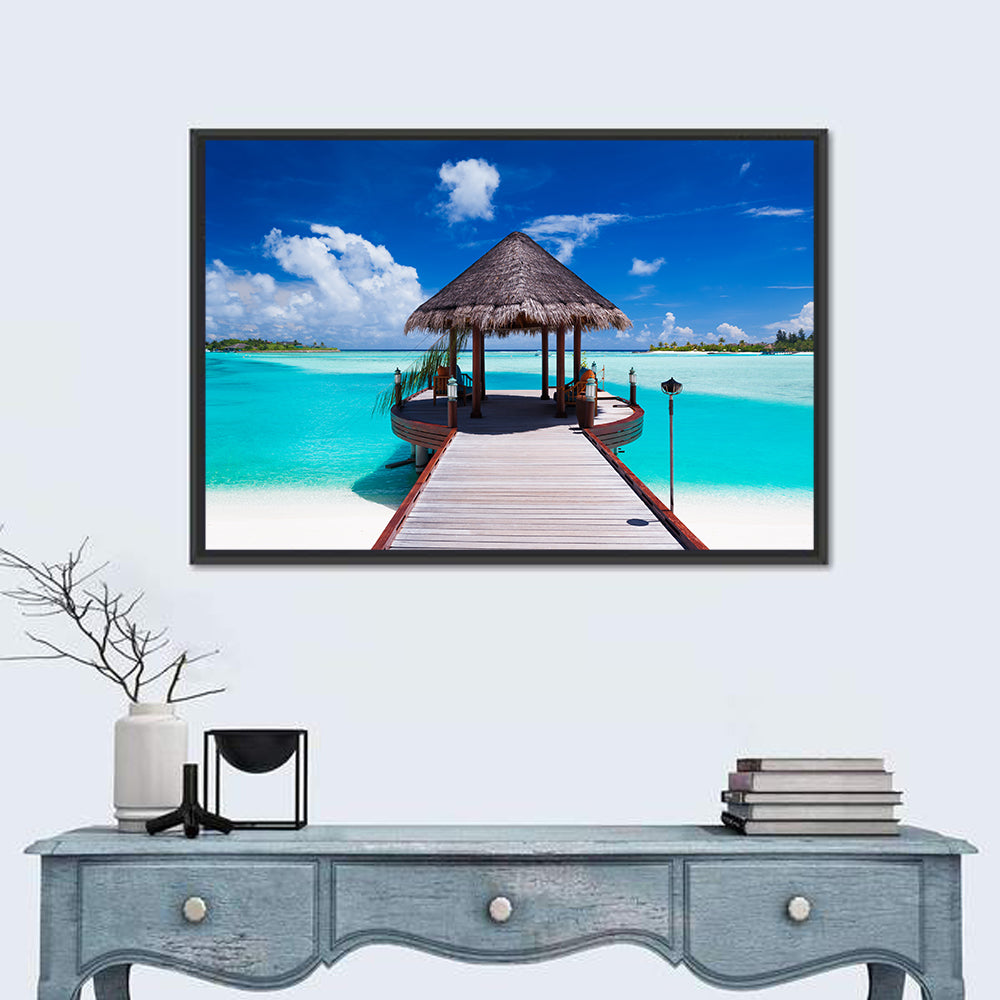 Tropical Jetty with Thatched Gazebo Wall Art in a room, landscape