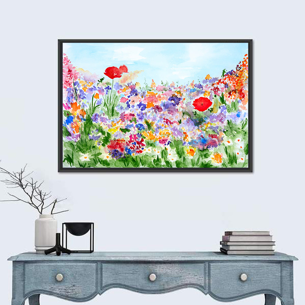 Wildflower Meadow Watercolor Wall Art in a room, landscape