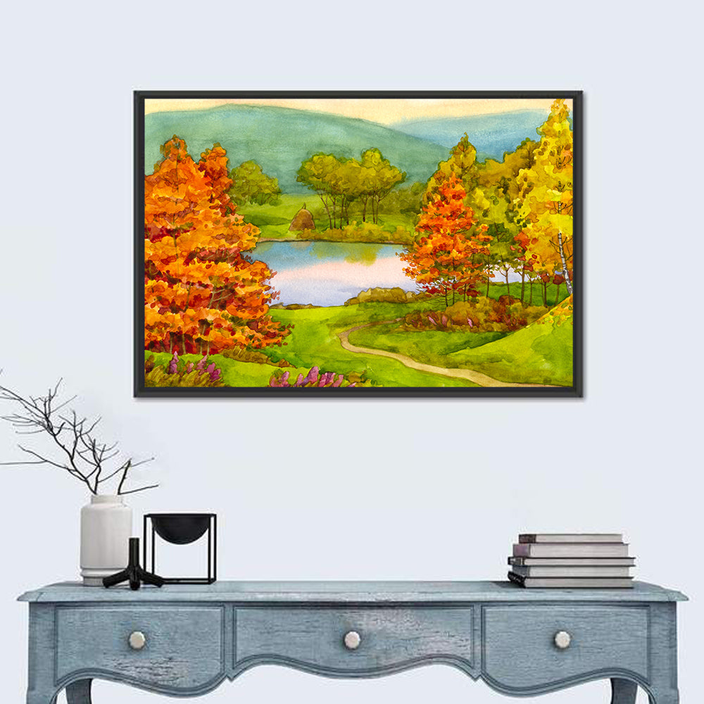 Autumn Lake with Winding Path Wall Art in a room, landscape