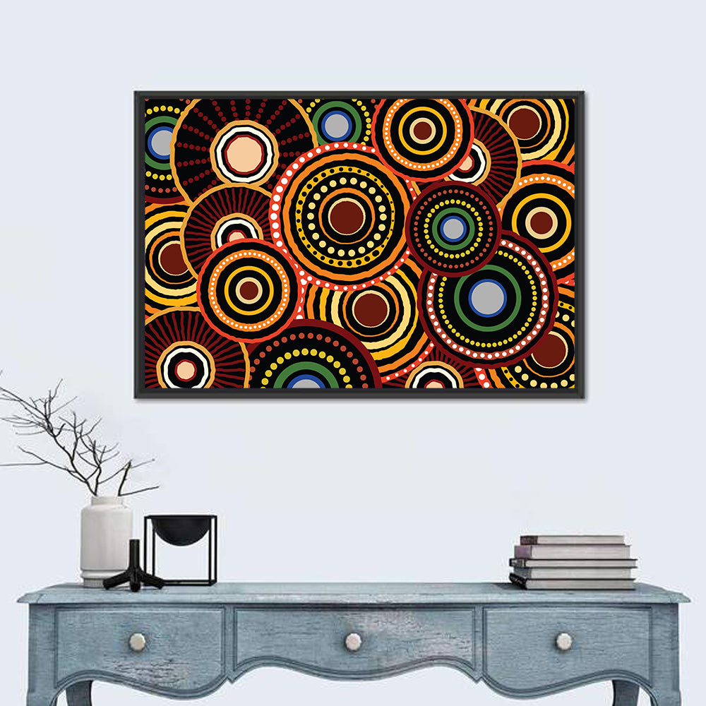 Earthy Concentric Circles Pattern Wall Art in a room, landscape