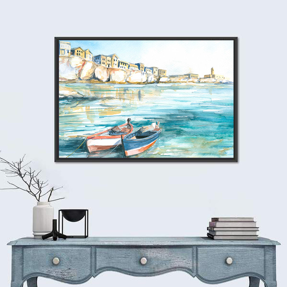 Two Boats Coastal Watercolor Wall Art in a room, landscape