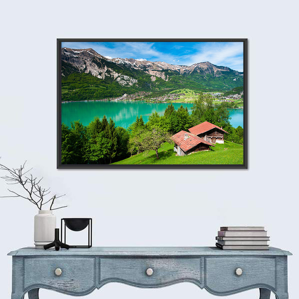 Lake Brienz with Alpine Cabins Wall Art in a room, landscape