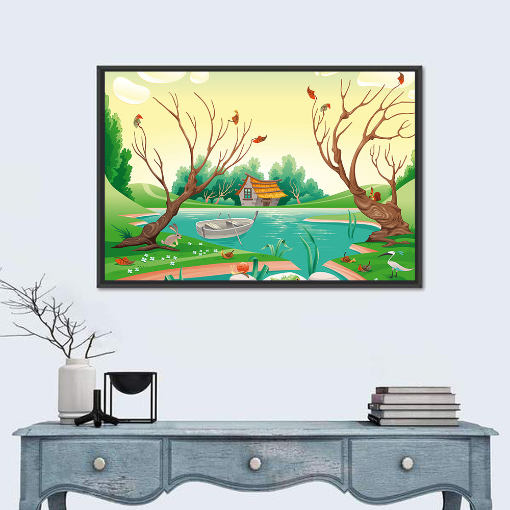 Thatched Village by the Lake Wall Art in a room, landscape