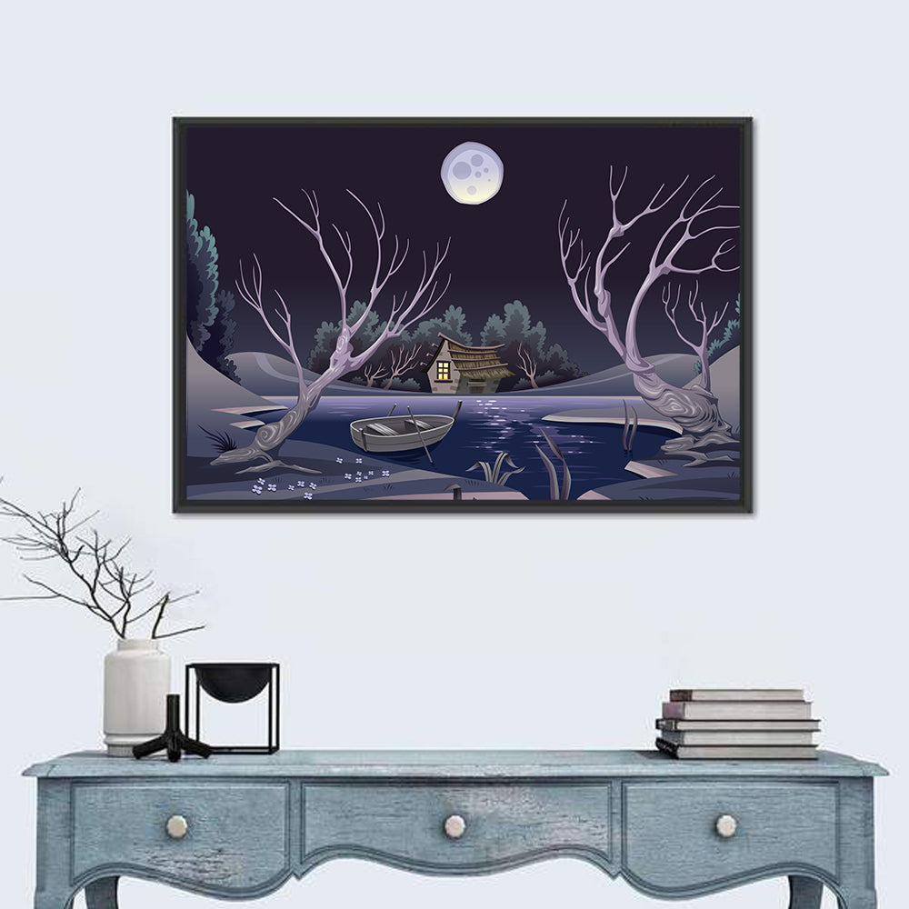 Cottage by Moonlit Pond Wall Art in a room, landscape