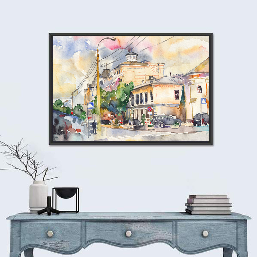 Sunlit City Street Watercolor Wall Art
