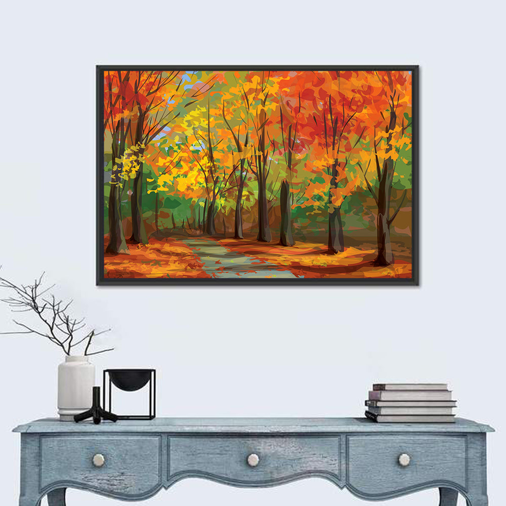 Autumn Forest Pathway Wall Art in a room, landscape