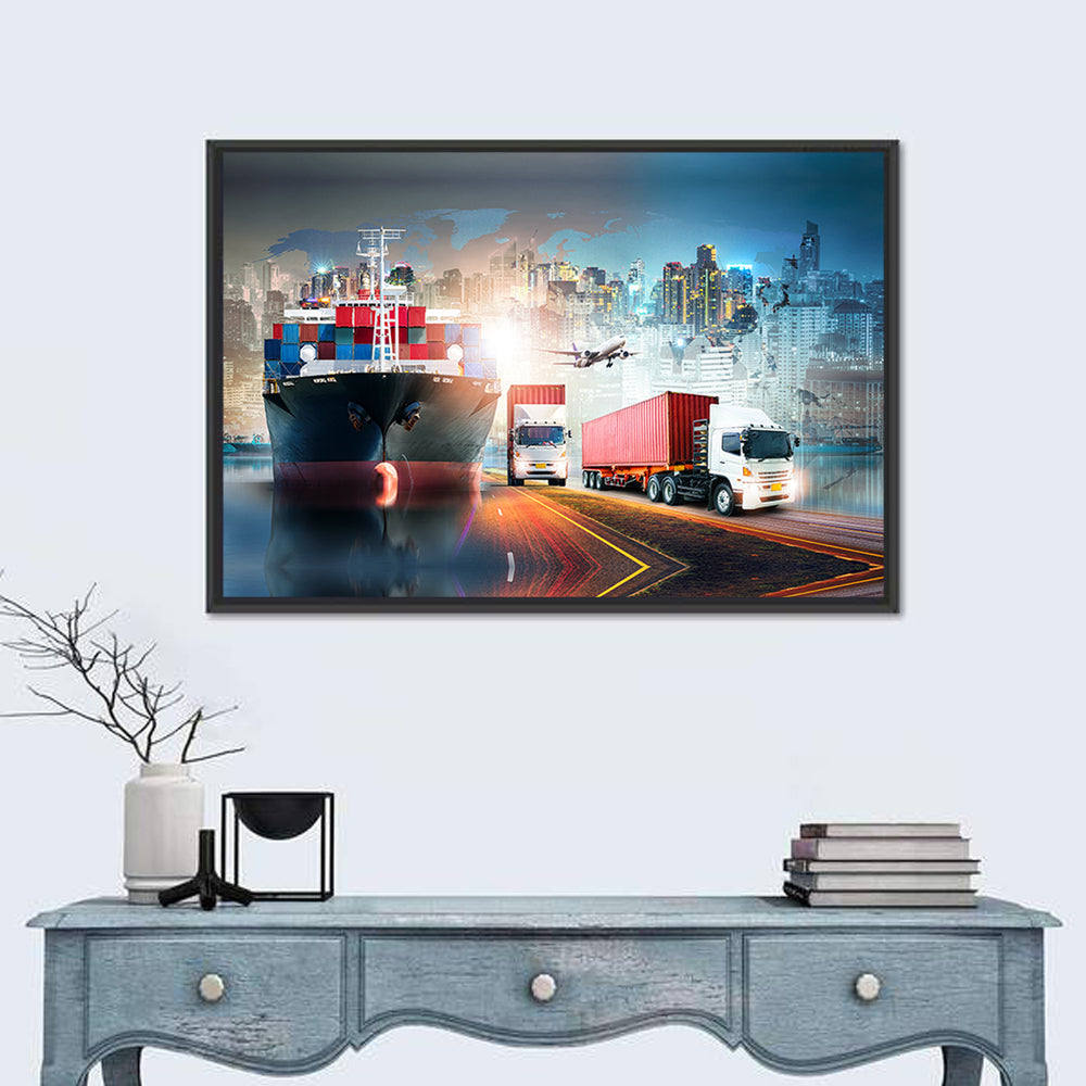 Global Logistics Nightscape Wall Art in a room, landscape