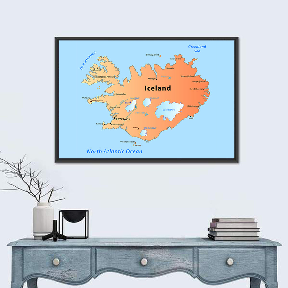 Iceland Map Illustration Wall Art in a room, landscape