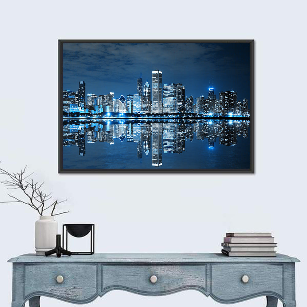 Chicago Skyline at Night Wall Art in a room, landscape