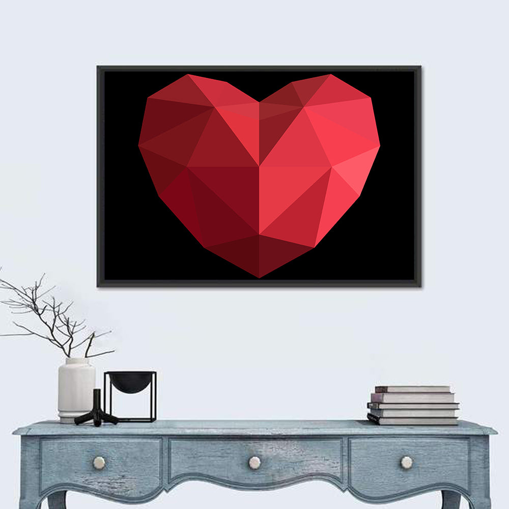 Low-poly Red Heart Wall Art in a room, landscape