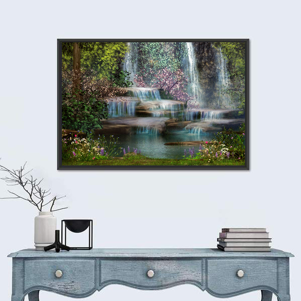 Multi-tier Jungle Waterfall with Pink Blossoms Wall Art