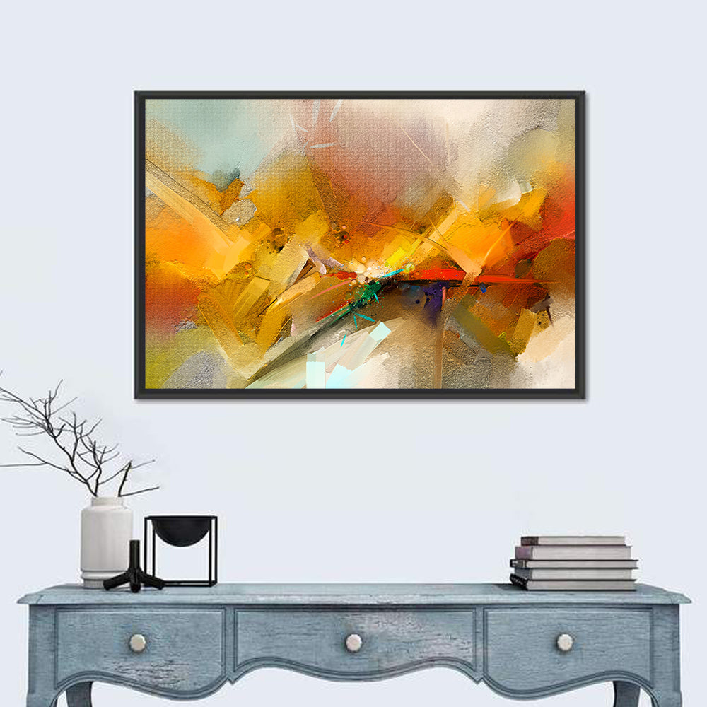 Gold and Teal Brushstroke Abstract Wall Art in a room, landscape