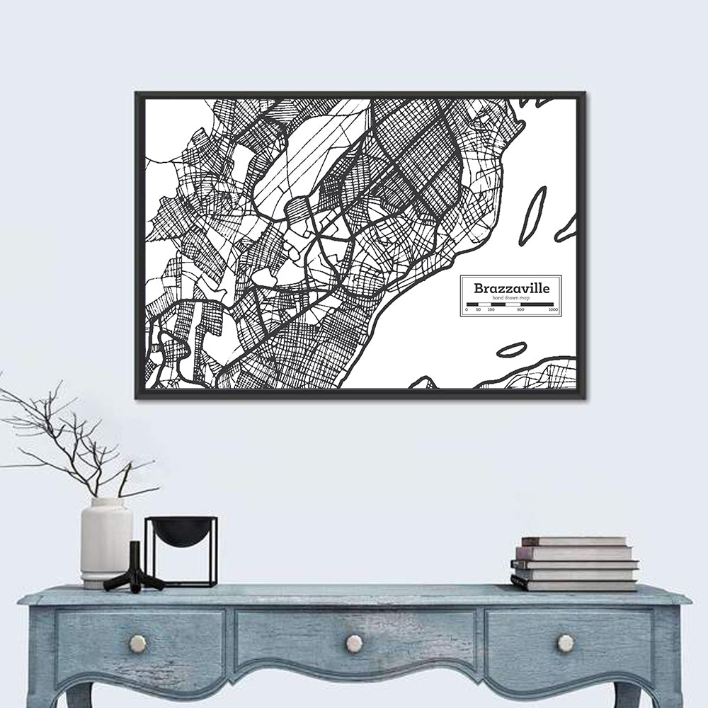 Brazzaville Hand-drawn Map Wall Art in a room, landscape