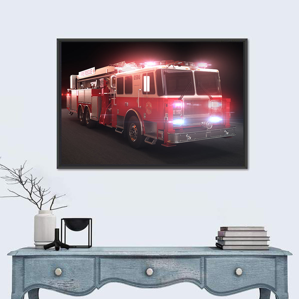 Fire Rescue Truck at Night Wall Art in a room, landscape